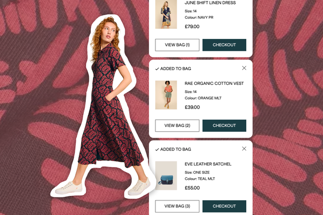 A dress, vest, and satchel from White Stuff are shown being added to a customer's online shopping bag.