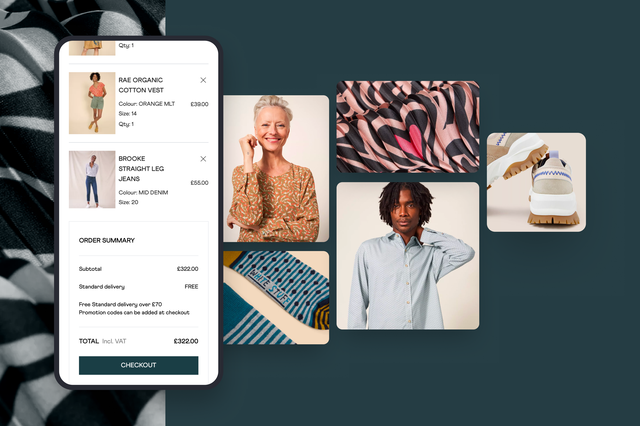 The mobile White Stuff app shows the order summary page. Product images emerge from the phone.