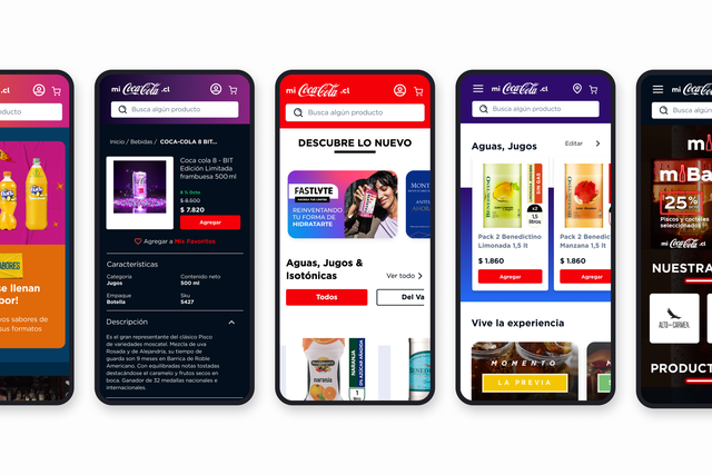 Several mobile screens show different parts of the Coca-Cola Embonor site experience, product listing and product detail pages to promotions.
