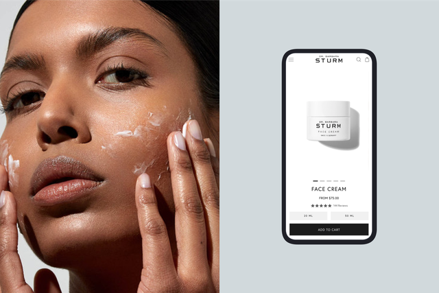 woman applying facial cream beside a smartphone screen of the product