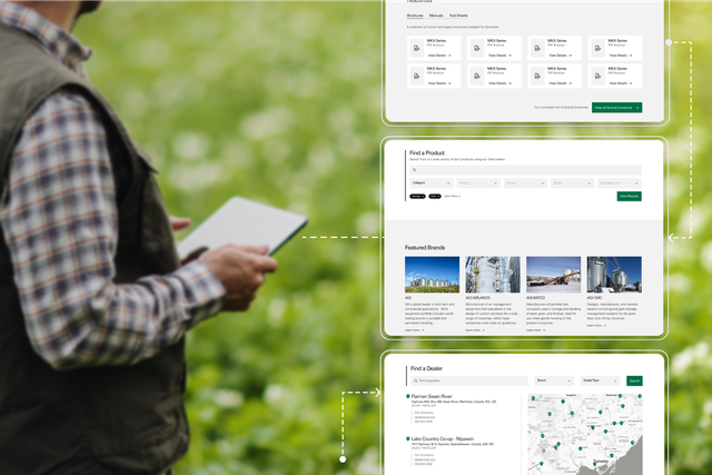 A farmer holds a tablet. Three mockups of AGI's website emerge from the tablet.
