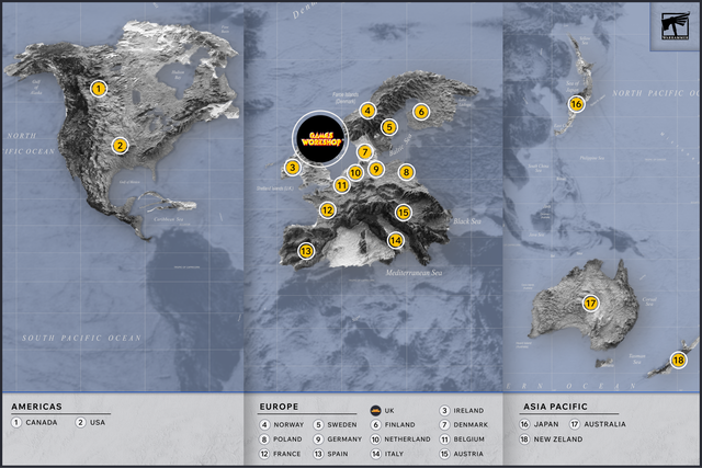 A map of the Games Workshop locations, with locations in North America, Europe, Asian-Pacific regions.