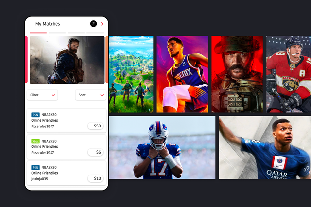 The PLLAY app shows the user's match list. Images from popular sports and head-to-head games are shown.