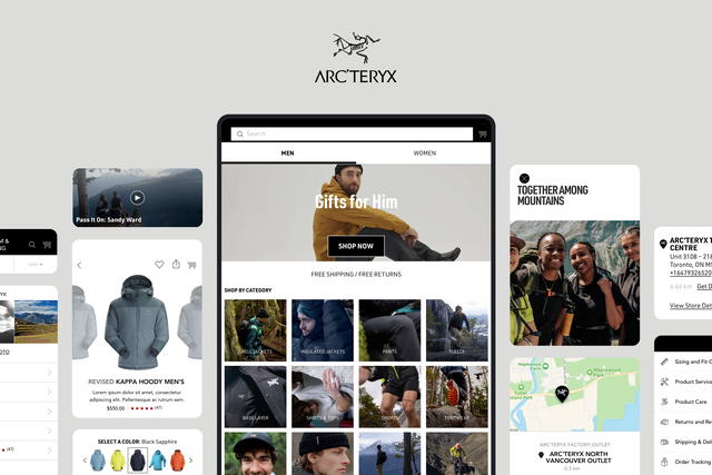 The Arc'teryx commerce store shown on a tablet and in smaller rounded squares. Product images and people.
