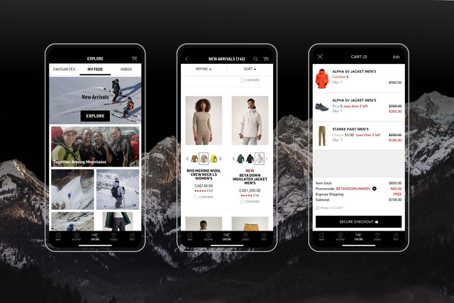 The Arc'terxy mobile app on three mobile phone screens.