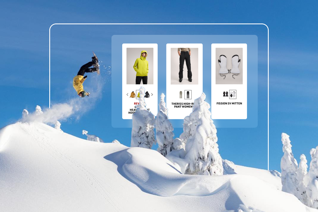 A snowboard does a flip. The white frame around him also includes three product details pages for Arc'teryx products, including a yellow jacket, black pants, and white gloves.