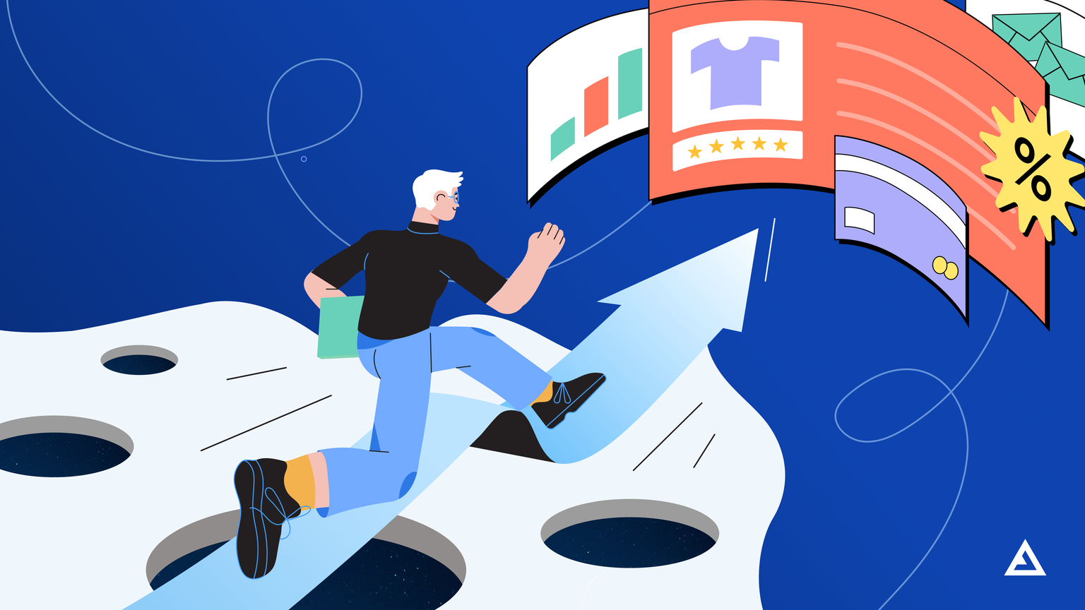 A man ascends an upward arrow to avoid four pitfalls while approaching a display of composable tech pop ups