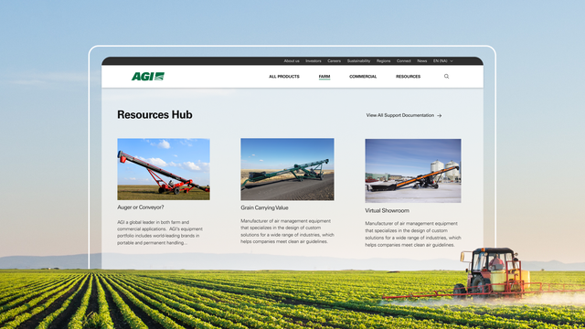 The AGI Resources Hub webpage appears over a green field at a farm.