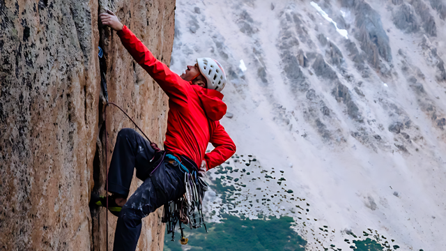 A man in a red coat rock climbs up a mountain.