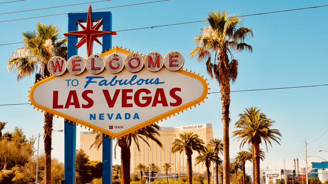Welcome to Las Vegas sign in front Mandalay Bay Hotel