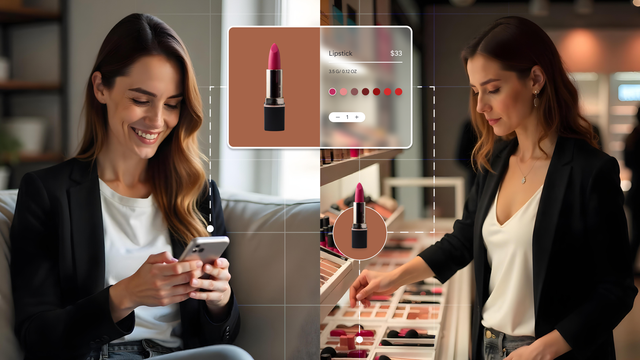 A woman looks at her mobile phone smiling while sitting on the couch in one image box and is shopping for makeup in another
