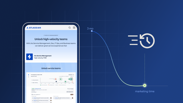 A mobile screen shows Atlassian's home page, and a graph showing the reduction in go-to-market timeline, from 3 months to 5 minutes.
