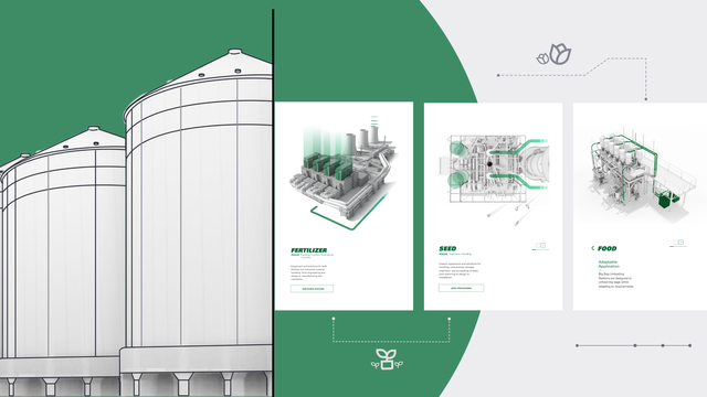 Illustrations of grain siloes and the different AGI equipment.