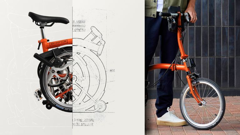 A foldable orange bicycle is shown half-folded on the left with a technical sketch, and fully assembled on the right beside a person.