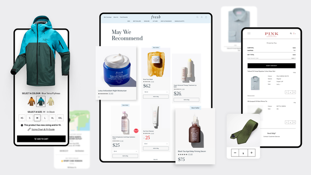 Three mobile screens showing different ecommerce experiences. One shows Arc'teryx's product detail page for a rain jacket. The second shows Dr. Barbara Sturm's product listing page. And the third shows Thomas Pink's checkout page.
