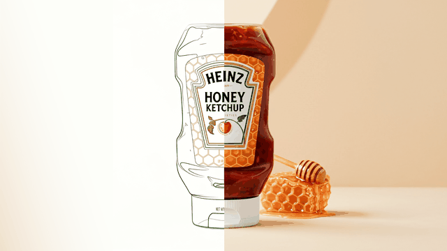 A Heinz Honey Ketchup bottle is shown in the center of the image, split vertically. The left half is a clean line drawing of the bottle, and the right half is a photo showing the actual product. Behind the bottle is a piece of honeycomb with a honey dipper, emphasizing the honey ingredient. The background is soft beige.