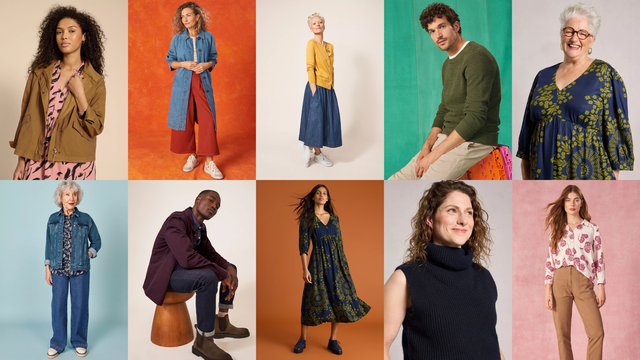 A collage of White Stuff models wearing White Stuff designs, including denim coats, sweaters, and dresses.