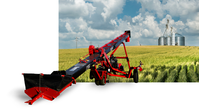 An AGI farming tool sits in a field of crops, grain siloes are in the background.