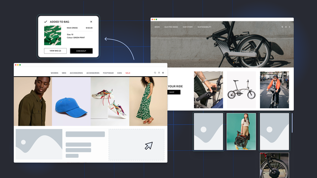 A composable commerce website with different components for shopping cart, product images, and CTAs.