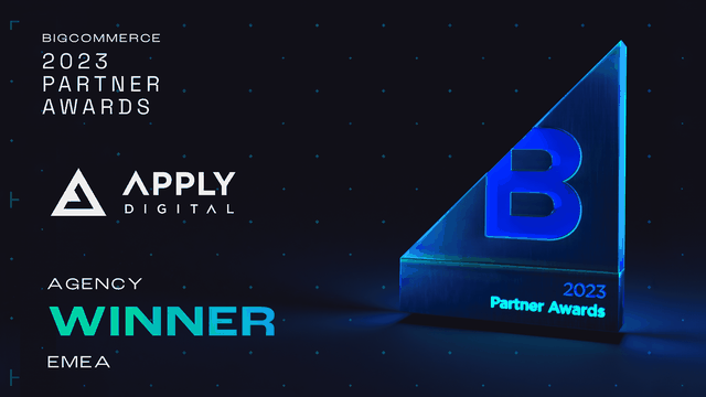 Photo of BigCommerce award and Apply Digital logo