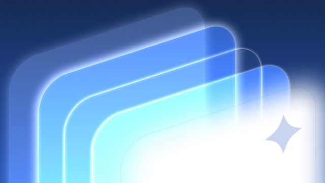 Abstract design with layered, glowing blue rectangles on a dark background, featuring a white star-like shape on the right.