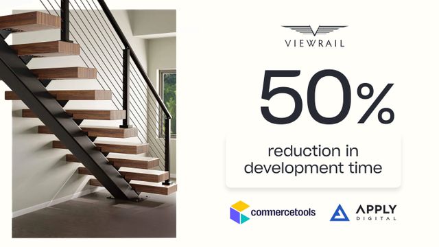 An image featuring the photo of a Viewrail's stair, with the Viewrail, commercetools and Apply Digital's logos, and the text 50% reduction in development time