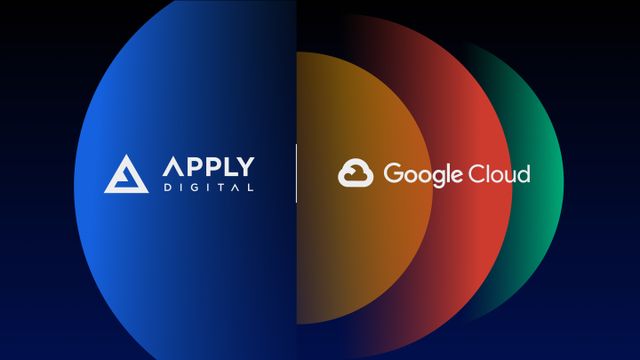 Logos of Apply Digital and Google Cloud on a dark background, separated by a vertical line, with overlapping colorful circles.