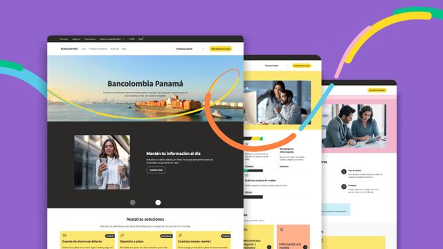 Three website screens for Bancolombia Panamá, showcasing a modern digital interface focused on international banking and user services. The design includes visuals such as a cargo ship, business professionals in discussion, and a woman using her phone, accompanied by cleanly structured informational sections.
