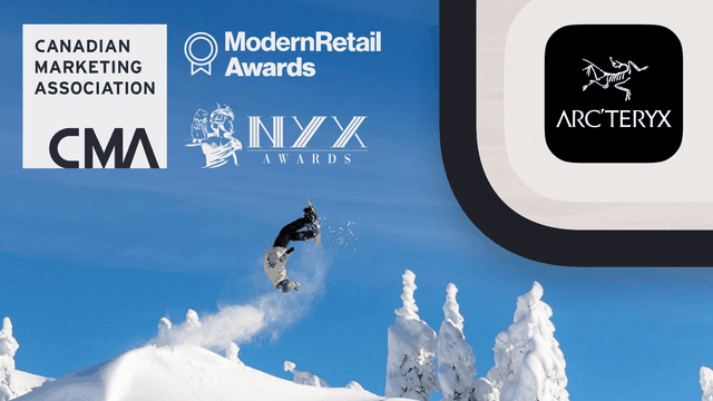 A snowboard does a flip off a snow bank. The Arc'teryx app icon appears in the corner within a phone mockup.