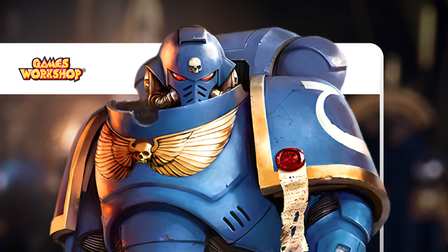 A Space Marine character from Warhammer popping out from a screen frame that has the Games Workshop logo