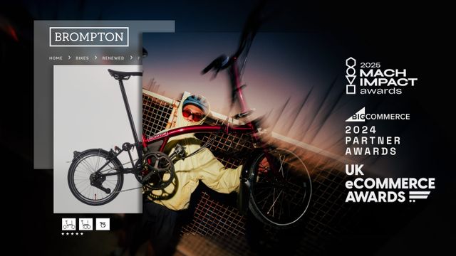 Person holding a folded Brompton bike against a blurred background, with the Brompton logo and website interface visible.