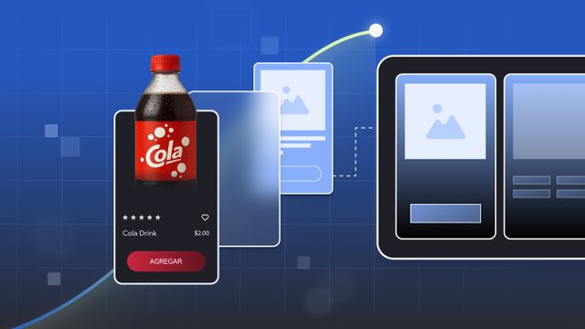 Digital illustration of a cola bottle with a $2 price tag on a blue background, featuring abstract tech elements and a shopping interface.