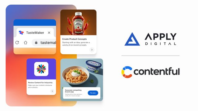 Logos for Apply Digital and Contentful next to interface examples of the AI-powered content creation tool, TasteMaker.