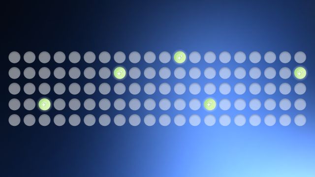 A grid of gray circles on a blue gradient background with four highlighted circles in light green.