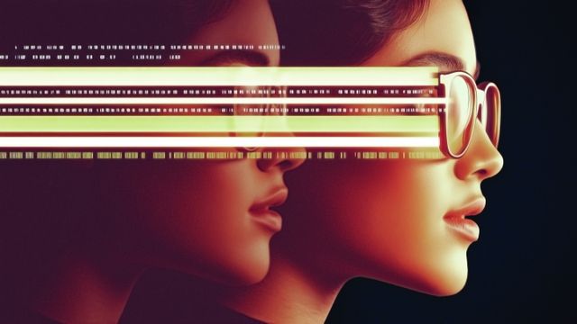 A woman and her AI twin staring into the distance as lines of code rush past them