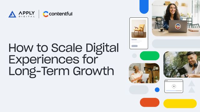 Promotional graphic for a digital growth webinar featuring diverse individuals using technology, with logos of Apply Digital and Contentful.