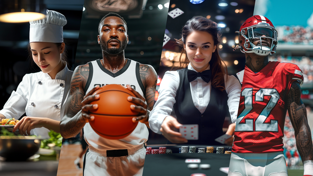 A four-column image with a chef making a salad, a basketball player, a woman dealing cards in a casino, and a football player.
