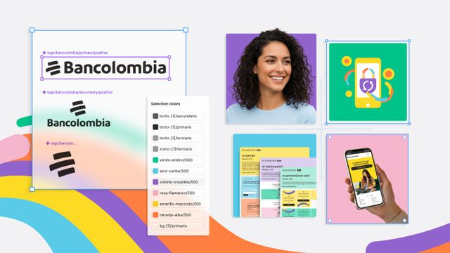 The Bancolombia design system, including logo variations, a color palette, and examples of their application in branding and digital interfaces