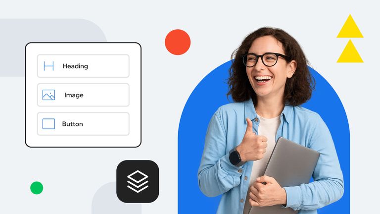 Smiling person with glasses holding a laptop, giving a thumbs up. Interface elements and colorful geometric shapes in the background.