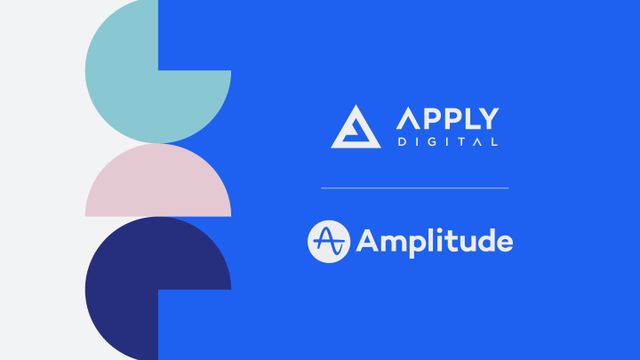 A digital illustration with a blue background, and the Apply Digital and Amplitude logos
