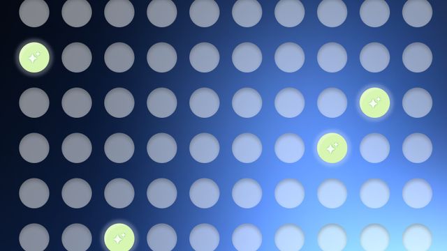 A grid of gray circles on a blue gradient background, with three circles highlighted in light green, featuring small arrows inside them.