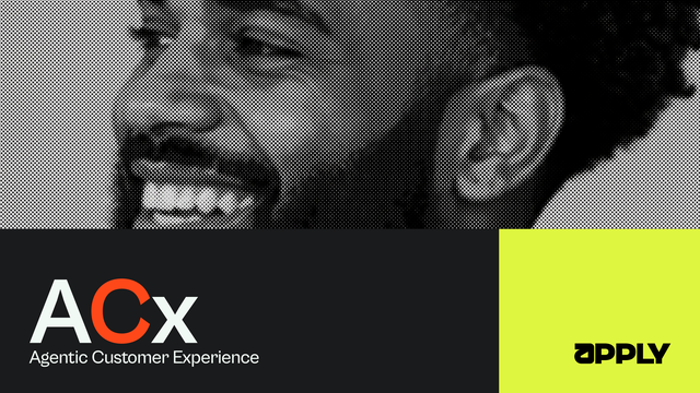 Halftone image of a smiling person with "ACx: Agentic Customer Experience" text and a yellow "Apply" section in the lower right corner.