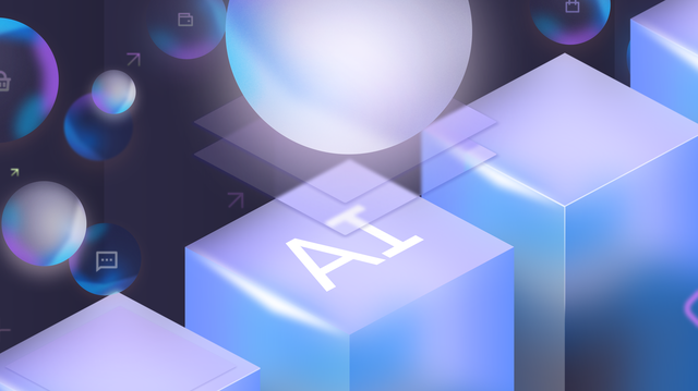 A digital illustration featuring glowing blue cubes arranged like a bar graph with “AI” written on the top of one, surrounded by a number of glowing, transparent, multi-colored spheres and abstract chat icons, evoking a futuristic and technological atmosphere.