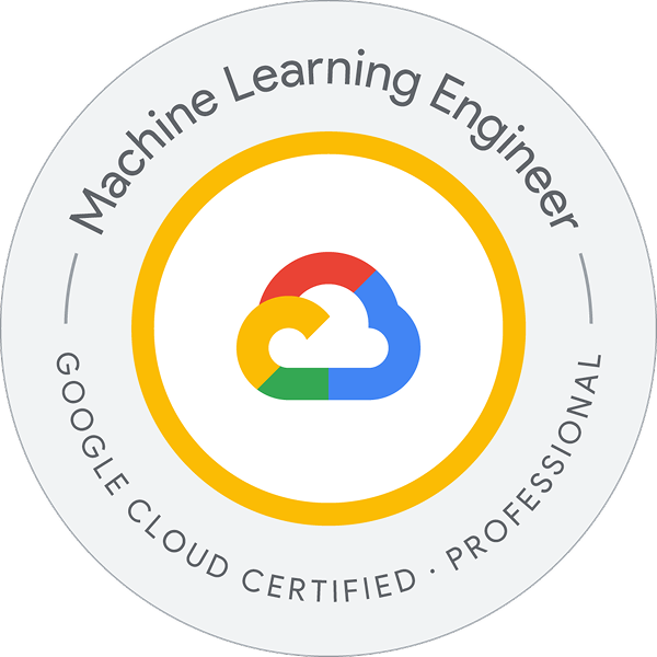 Google Cloud Certified Machine Learning Engineer badge, featuring Google Cloud logo in center, encircled by text on a gray background.