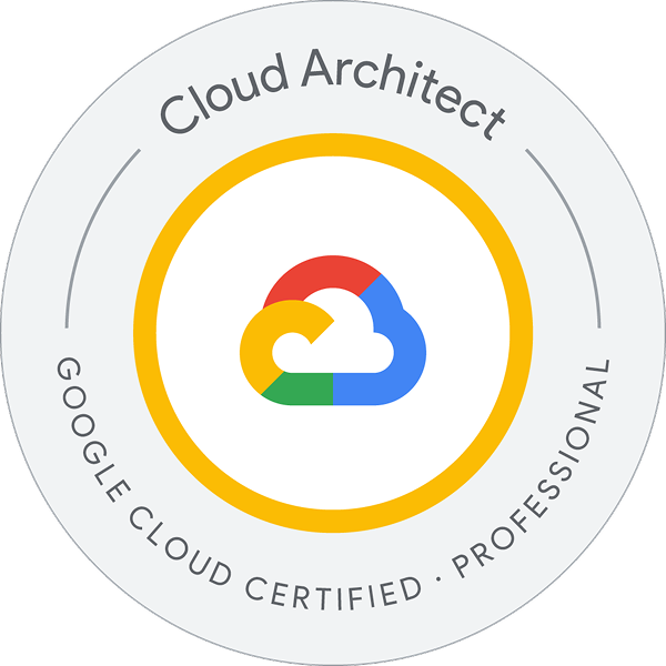 Google Cloud Certified Professional Cloud Architect badge with a colorful cloud icon in the center on a gray circular background.