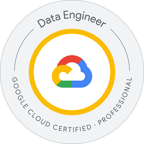 A circular badge with the Google Cloud logo in the center, labeled "Data Engineer" and "Google Cloud Certified Professional" around it.