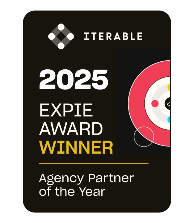 "2025 Expie Award Winner, Agency Partner of the Year" text with Iterable logo on a black background with a colorful design element.