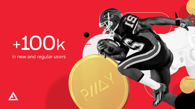 A football player holds a ball in arm, with the other arm outstretched. "+100k in new and regular users."