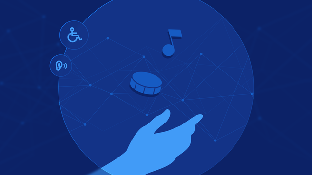 Illustration of a hand, coin, and musi note. A wheelchair/accessibility icon and a listening icon.