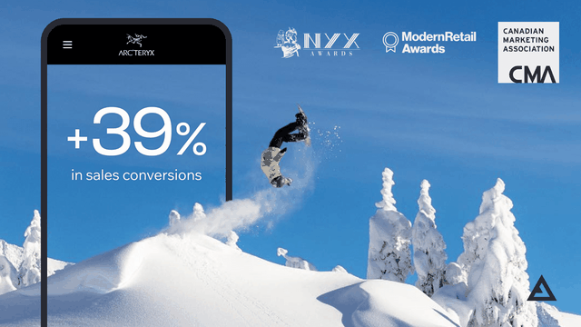 Snowboarder performing a trick on a snowy slope with a phone displaying "+39% in sales conversions" and various award logos in the background.